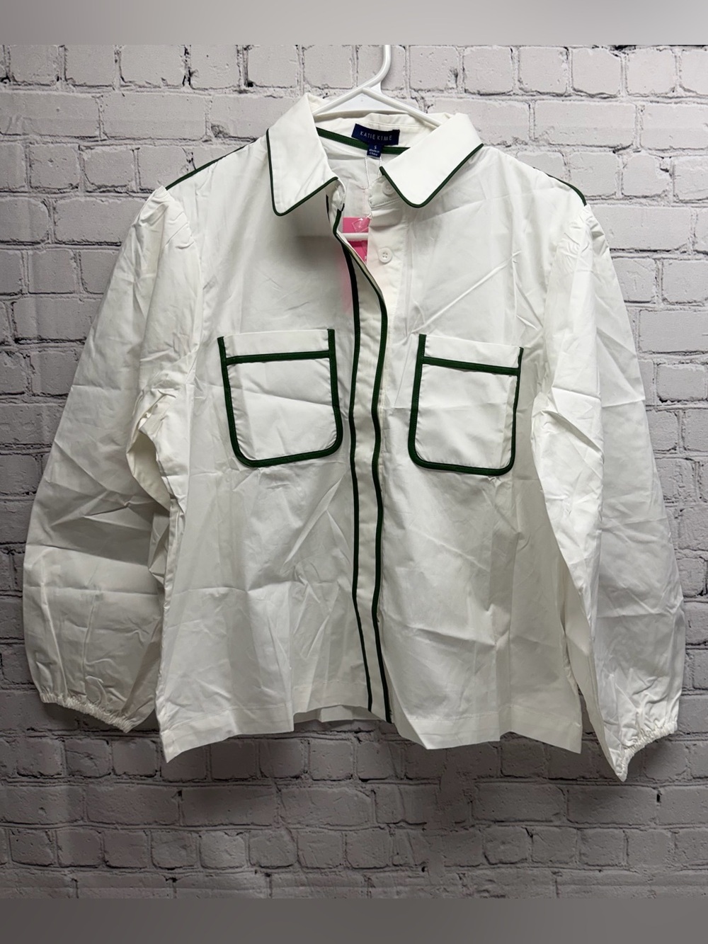 Katie Kime White Top with Green Trim size S NWT